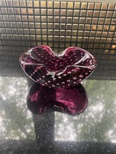 VINTAGE SMALL Cranberry  Clear Murano Glass Ashtray W/Controlled Bubbles 5"L