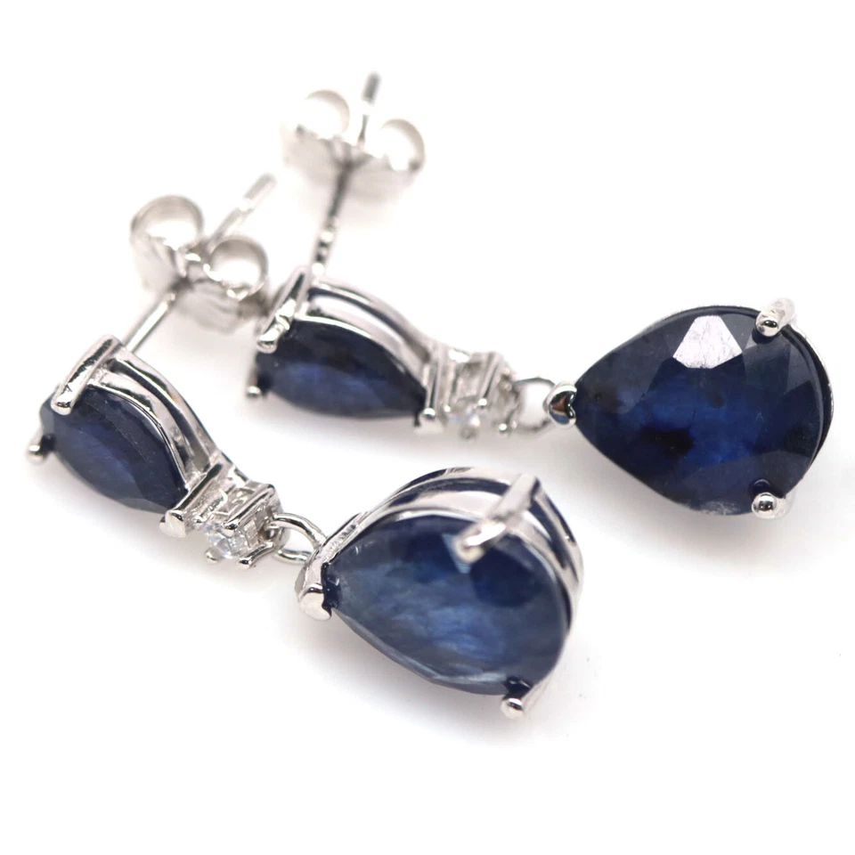 925 Sterling Silber 8 X 10 Mm. Blaue Saphir & Weiße Zirkon Ohrringe - Bild 2 von 4