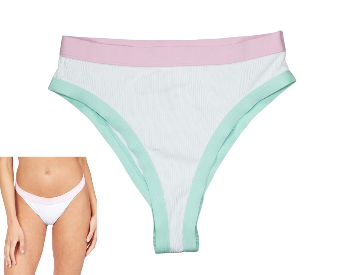 Roxy Juniors Pastel Trim Ribbed Hi-Leg Bathing Suit Bikini Bottom