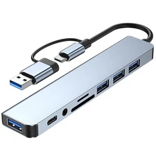 CAMVATE 8-in-2 Multiport Adapter USB-C A w/3.5mm Audio & SD/TF Card Reader fr PC