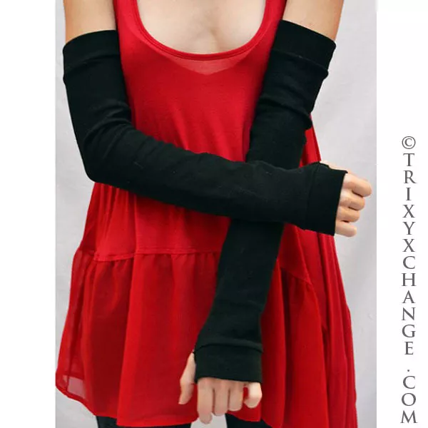 Long Arm Warmers Black Cotton Gloves Armwarmers Knit Covers Thumb Holes Warm Psy