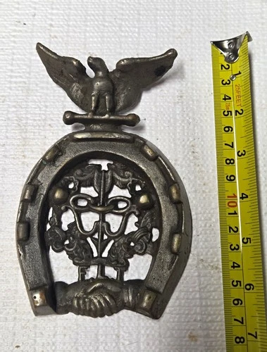 Antique IOOF union cast iron plaque,  horseshoe, "FLT" - product listing photo