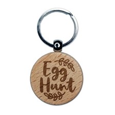 Egg Hunt Easter Sunday Cursive Text with Wreath Engraved Wood Round Keychain