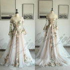 Wedding Dresses 3D Florals Long Sleeves Deep V Neck Elegant Beach Bridal Gowns