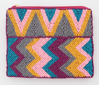 New KAY LEE NY Beaded Maroon/Pink ZigZag Coin Purse/Makeup Bag  Made in India 