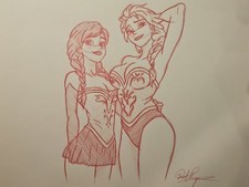 Disney Frozen Swimsuit Anna Elsa Summer Pin-up Drawing/Sketch Art Signed 