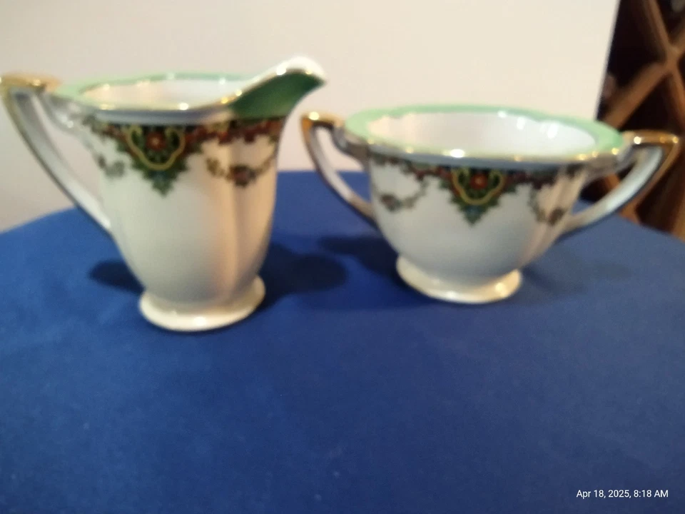 Crema y azucarero de porcelana Noritake, verde, negro, dorado, vintage Japón Foto 4 de 4