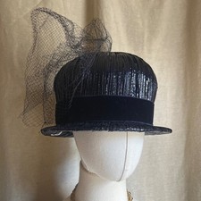 Vintage Navy Blue Veiled Pillbox Hat Fascinator 1950s Style