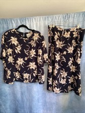 Vtg 90s Jaclyn Smith Floral Skirt Blouse Set Plus 24W 26W Navy Lily Flowy Summer