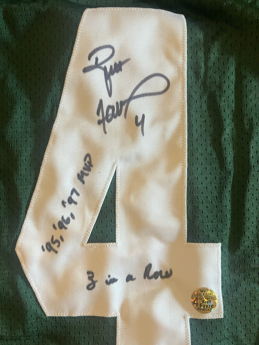 Brett Favre GB Packers inscription Super bowl champs 3x MVP signed