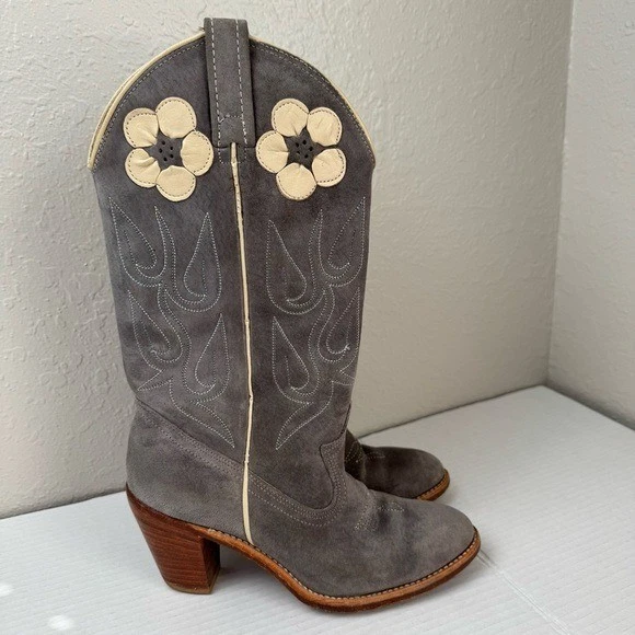 Acme vintage 70s gray suede leather cowgirl western floral daisy boots 6 - Image 4 of 4
