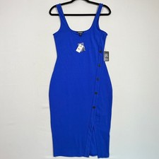 Express Bodycon Dress Women's S Blue Asymmetric Faux Button Slit Midi Clubwear