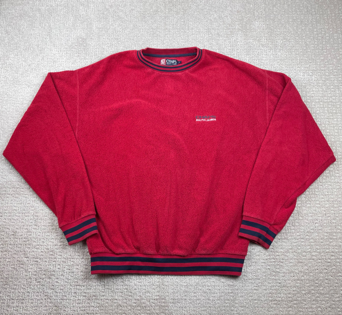 Vintage Chaps Ralph Lauren Sweater Mens L Pile Fleece Crewneck Varsity Stripes