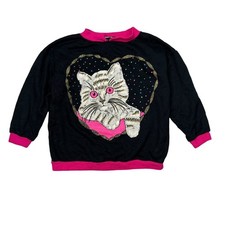Vintage 90s Cat Heart Glitter Crewneck Sweatshirt Black Pink Toddler Medium