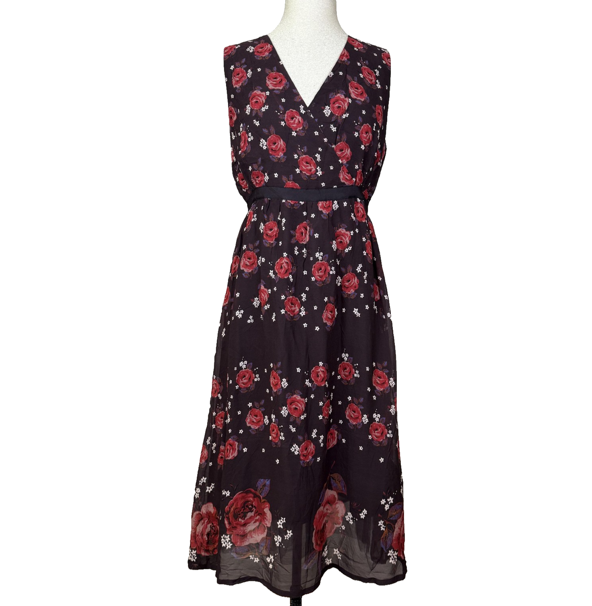 cath kidston red dress Cath Kidston Dress Womens 12 Red Rose Floral Midi Cottage Boho Romantic  Feminine