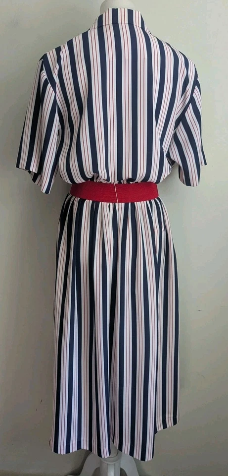 Antigo Vestido Camisa Secretário Anos 80 Personalizado Vermelho Branco Azul Listra Cinto Curto Slv 8 10 - Imagem 3 de 4