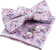 Mens Floral Pre Tied Bow Tie, Pocket Square and Cufflinks Set Stylish Bow Tie Se