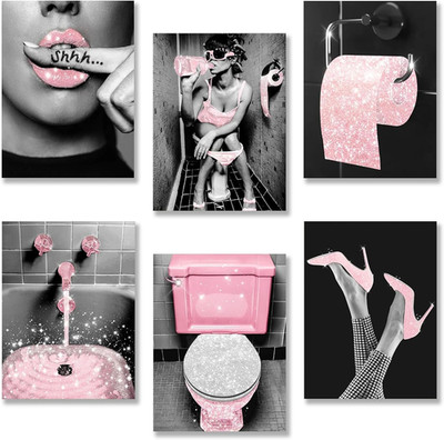 6 PCS Pink Canvas Posters Wall Art, 8''X10'' Bathroom Decor, Pink Glam Toilet High