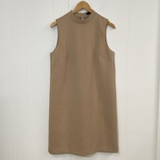 Ann Taylor Dress Womens 12P Beige Stretch Double Knit Mock Neck Sleeveless Shift