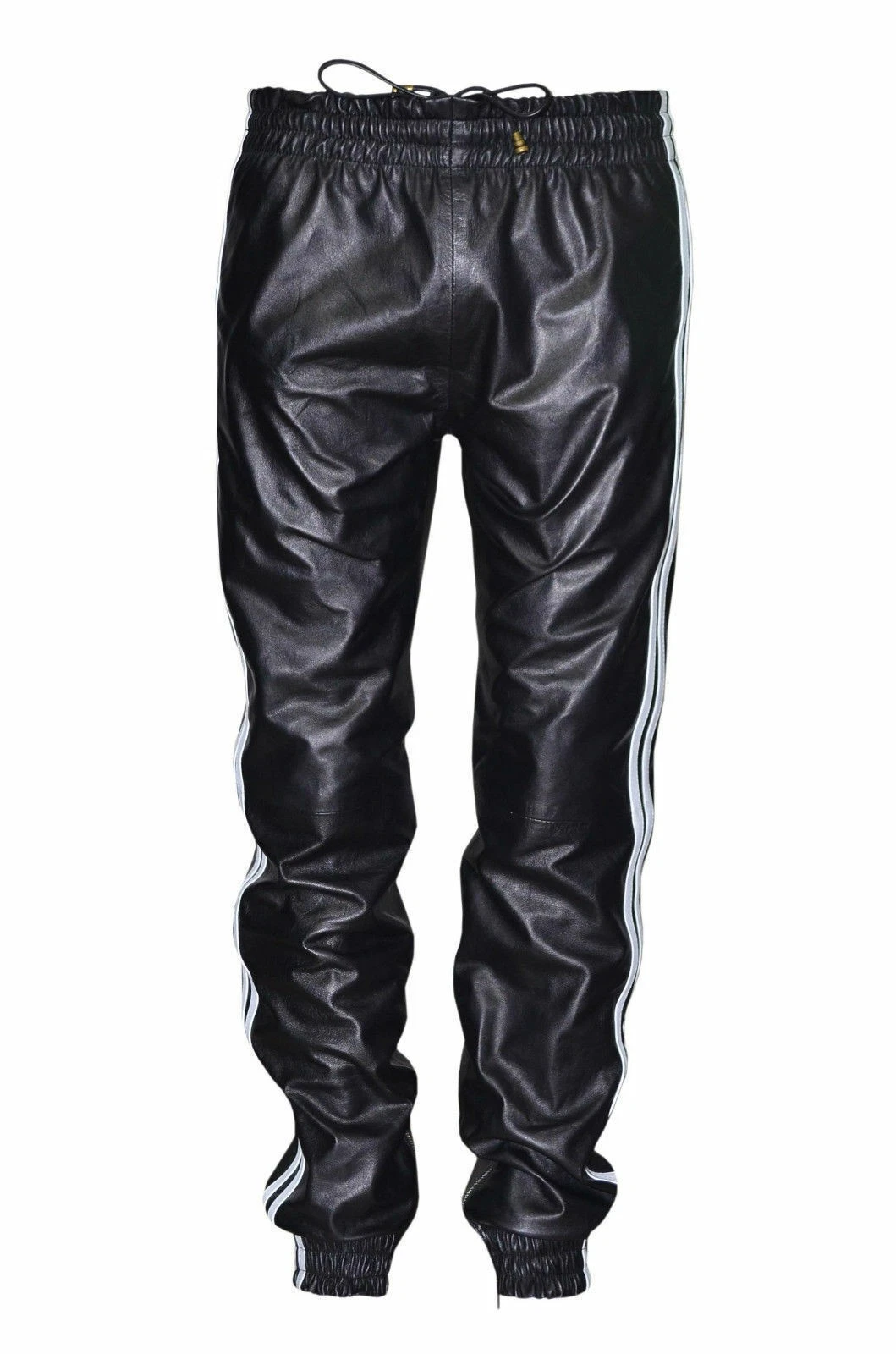 Men's Sheepskin Black Leather Sweat pants Jogger White Striped Fit Pant