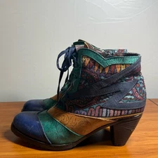 Socofy Bohemian Splicing Pattern Leather Ankle Boots Side Zip Lace Up Brocade 39