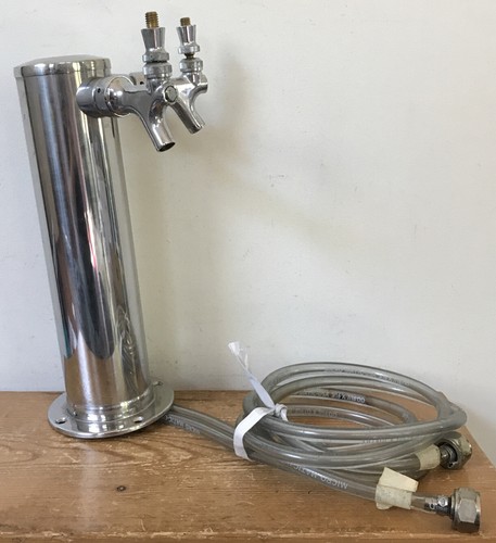 Polished Stainless Steel Dual Faucet Beer Keg Tower & Tubing 12” x 3.25”