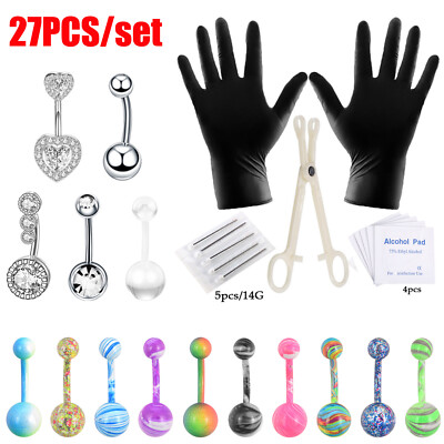 10-27Pcs Body Piercing Kit 14G Steel Belly Button Ring Gloves Needles Tool Set