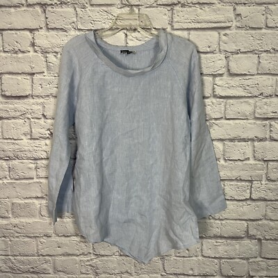 Kontrast Blue Linen Long Sleeve Cowl Neck Asymmetrical Blouse XS