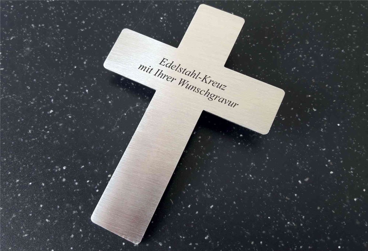 großes KREUZ als GRABSCHILD - aus Edelstahl 200x140mm - mit WUNSCHGRAVUR