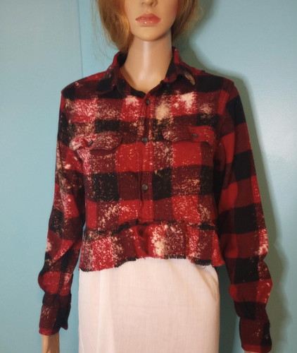 Upcycled Red & Black Bleached Plaid Cropped Flannel Shirt Ruffle Frayed Small