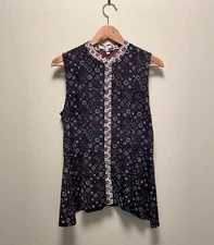 Derek Crosby Lam 10 Women Top Size 12 Navy Floral Silk Chiffon Retro Style Mod