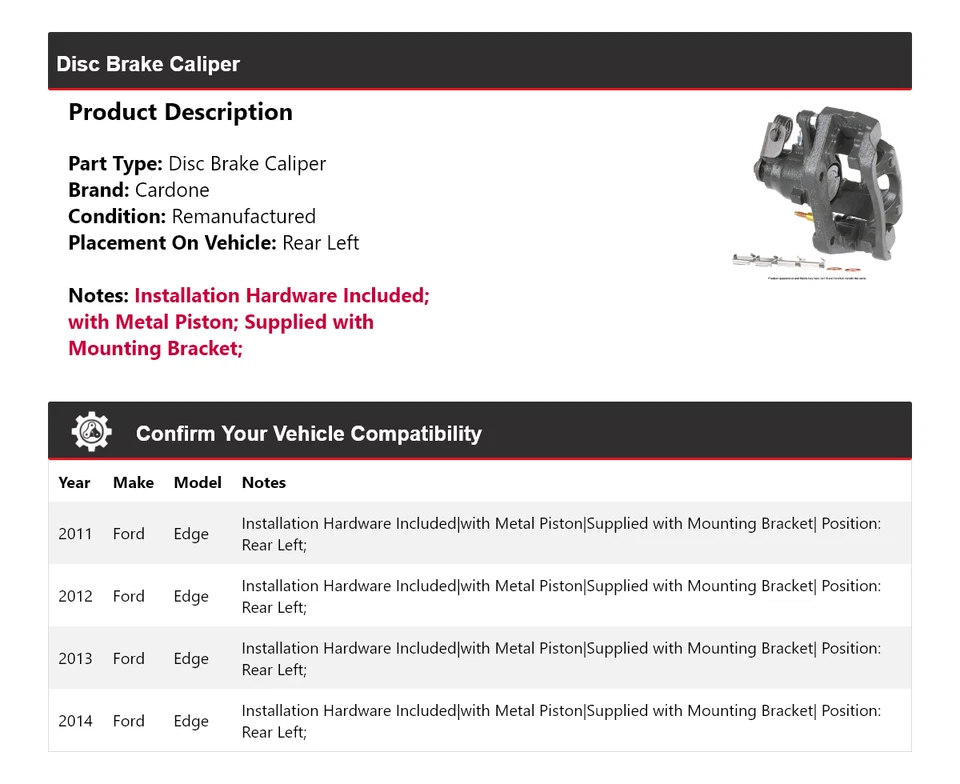 Pinza de freno de disco trasera izquierda Cardone 2012 2013 Ford Edge 2011-2014 Foto 2 de 4