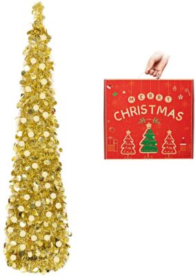 5 Fuß Weihnachtsbaum Schmal Zusammenklappbar Schnell Pop Up Lametta Party Dekoration GOLD