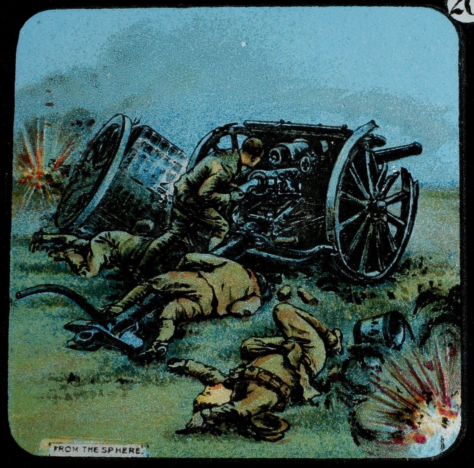 ANTIQUE Magic Lantern Slide ARTILLERY CREW IN ACTION WW1 ILLUSTRATION