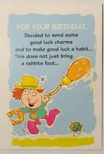 1 Birthday Greeting Card/Envelope Humorous Good Luck Horseshoe Clover Rabbitfoot