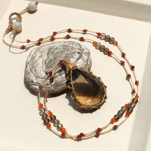 Hand Crafted Faceted Natural Smoky Quartz Micro Macrame Beaded Gemstone Necklace - Picture 2 of 12