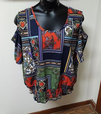 NWT Goddess Colorblock Cold-Shoulder Top Blouse Smocked Waistband Artsy Plus 3X
