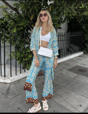 BNWT Zara Blue Patchwork Print Maxi Kaftan & Trousers Co Ord Set  Size XL