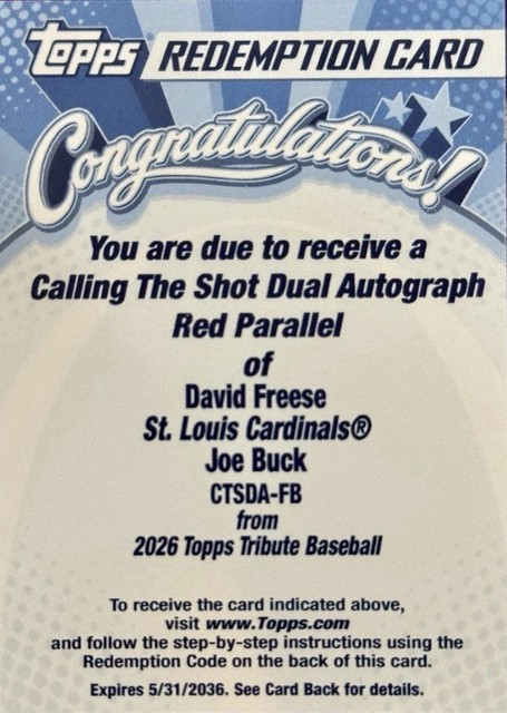 2026 Tribute Calling The Shot Dual Auto Red /5 #CTSDA-FB David Freese Joe Buck
