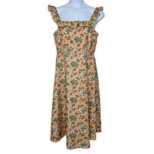 New Ann Taylor Floral Midi Dress Womens Size 14 Orange Linen Sleeveless Ruffle
