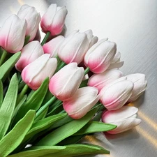 Real Touch Artificial Tulips 20 PCS Soft White Pink, Fake Latex Spring Decor