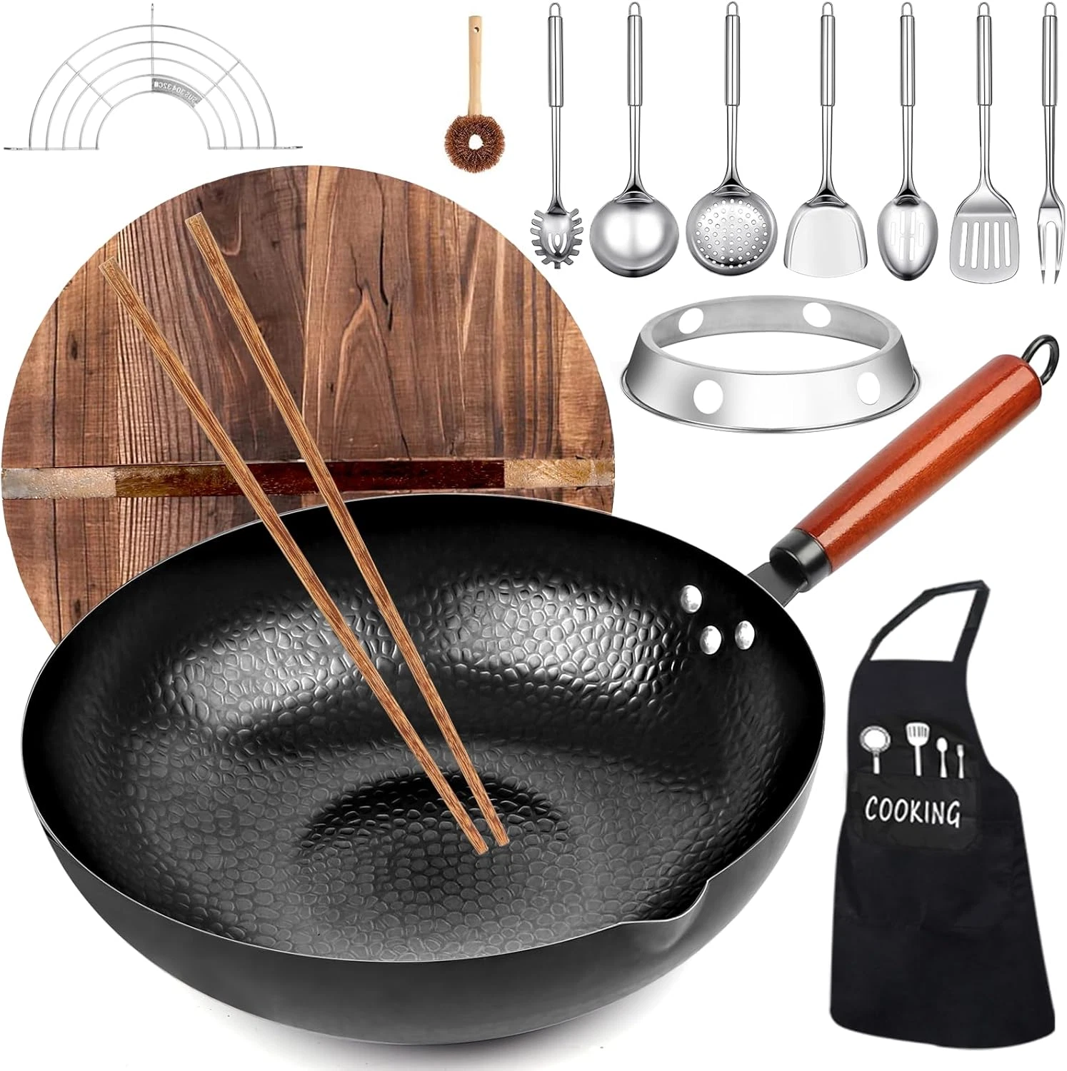 14 Pcs Carbon Steel Wok Pan, 12.6'' Woks & Stir-Fry Pans Set with Wooden Lid Coo