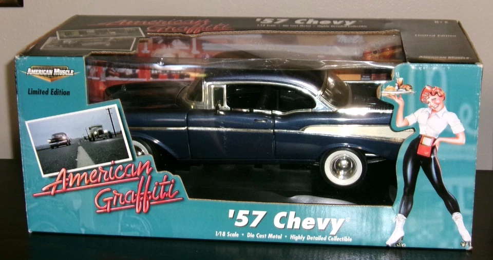 Chevy American Graffiti Blue 1957 edición limitada coche fundido a presión escala 1/18 con caja Foto 2 de 4