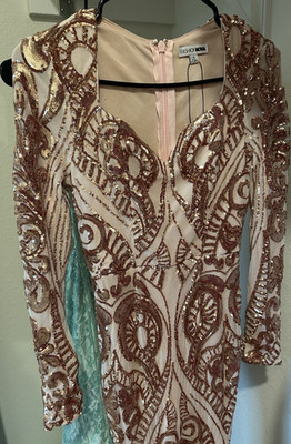Fashion Nova Rose Gold Nude Sequin Mesh Long Sleeve V-Neck Bodycon Dress  Size S | eBay