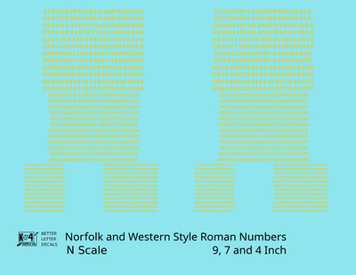 K4 N Scale Decals N&W Style RR Roman Freight Car Numbers Yellow 9 7 & 4'
