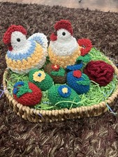 Handmade Crochet Stuffed Chicken Small with Decorative Basket Easter
