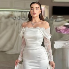 Boho Wedding Dresses Strapless Long Sleeves Satin Mermaid Lace Bridal Gowns