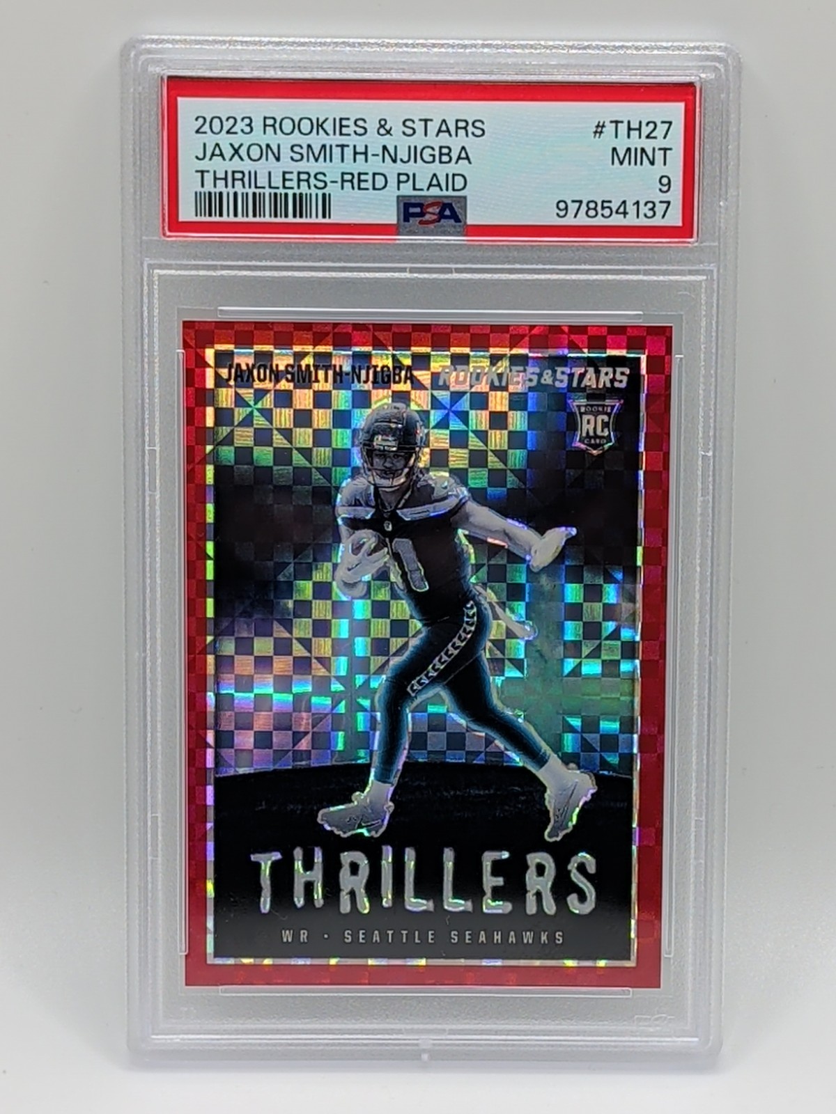 2023 Rookies & Stars - Thrillers Jaxon Smith-Njigba #TH-27 Red Plaid Prizm PSA 9