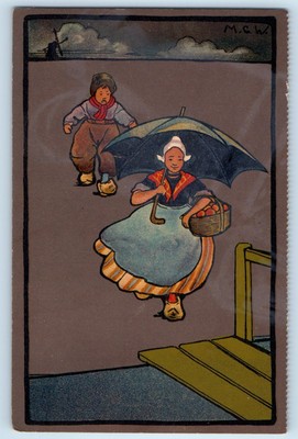 c1910's Dutch Woman Running With Basket Windmill Calendar Tuck Antique Postcard