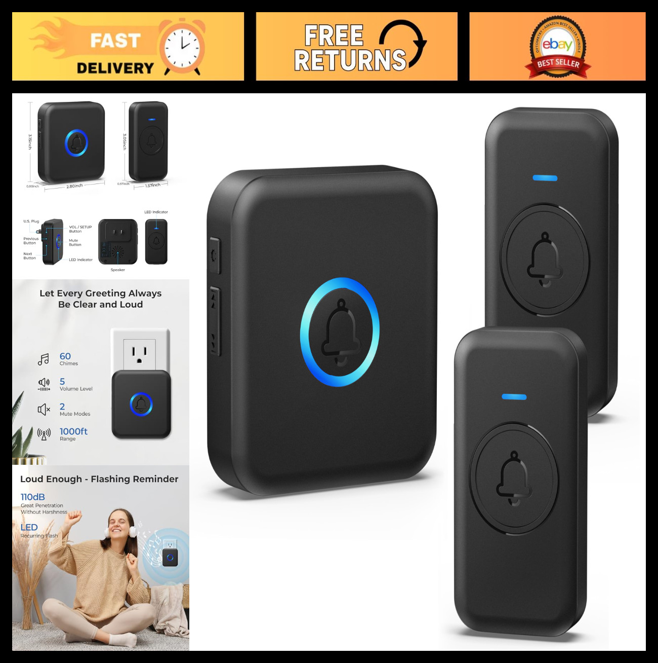 Wireless Waterproof Doorbell - 60 Chimes, 5 Volume Levels, 1